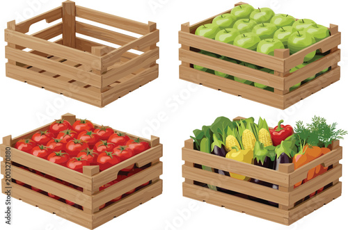 Set of wooden crates featuring an empty crate green apples red tomatoes and mixed fresh vegetables isolated on white background for harvest and grocery design.