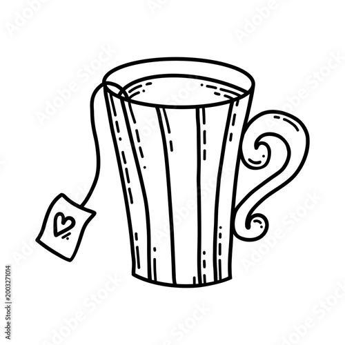 Tea cup with teabag line art hand drawn outline isolated on white