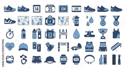 Running Marathon Gear Icons Set Blue Colors Flat Design