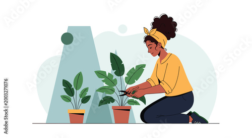Young woman with a headband kneeling and pruning indoor plants with scissors in a bright and modern room environment.
