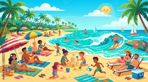 Sunny Tropical Beach Scene with Families and Surfers Enjoying the Summer
