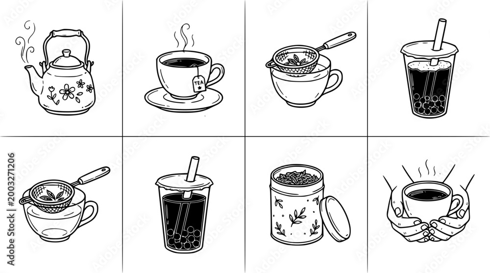 Obraz premium Kawaii line art tea and coffee collection for beverage lovers.