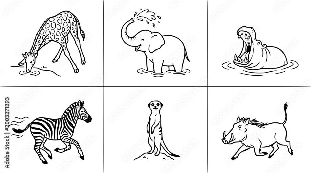 Fototapeta premium Safari African Animals Line Art Sketch Set Giraffe Elephant Hippo Zebra Meerkat Warthog