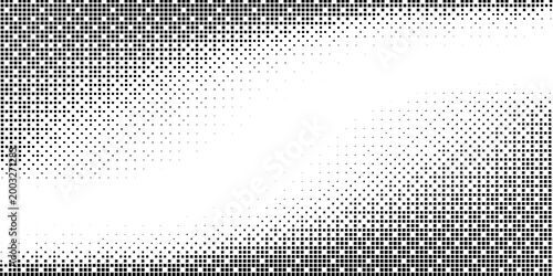Check halftone texture background. Diamond dot faded gradation wallpaper. Black and white squared pixels. Abstract glitchy 8 bit video game backdrop. Vector comic bitmap dither screen tone overlay