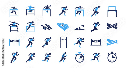 Collection of Running Icon Set with Hurdles Finish Line and Stopwatch