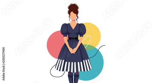 Elegant woman with an updo hairstyle wearing a blue puff-sleeve dress standing against a decorative background.