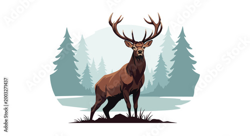 Majestic brown deer with large antlers standing proudly in a forest clearing with pine trees in the background.