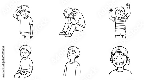 Expressive boy illustrating various emotions in a charming line art style.
