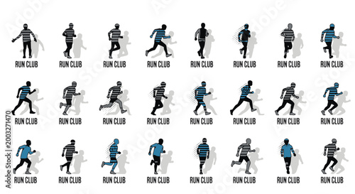 Running Club Icons Group of Athletic Men in Motion Vector Illustrations