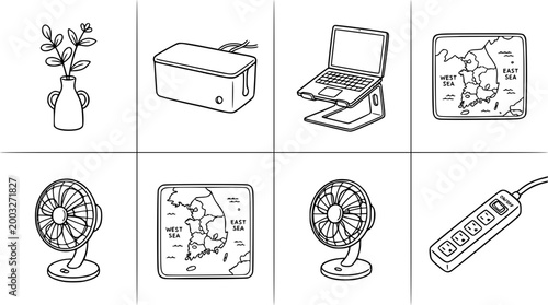 Kawaii style illustrations of fans and modern tech gadgets.