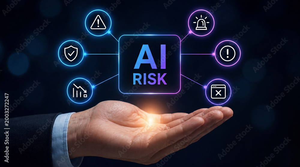 Naklejka premium AI Risk concept with glowing digital interface, artificial intelligence risk management, cybersecurity threats and technology vulnerability