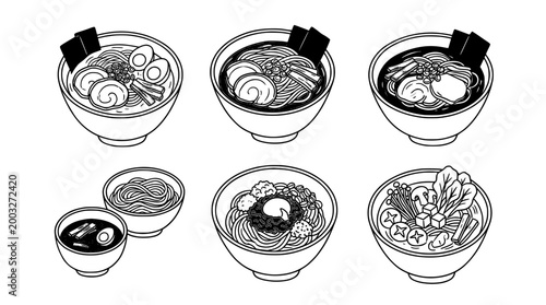 Kawaii Line Art Collection of Japanese Noodle Dishes and Bowls