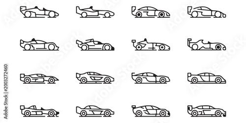 High Speed Racing and Sports Car Line Art Icon Collection