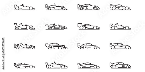 Formula Racing Car Side View Line Icon Set