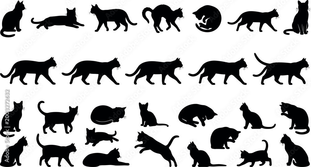 Fototapeta premium Large collection of black cat silhouettes in various poses including walking jumping sitting and stretching isolated on whiteLarge collection of black cat silhouettes 