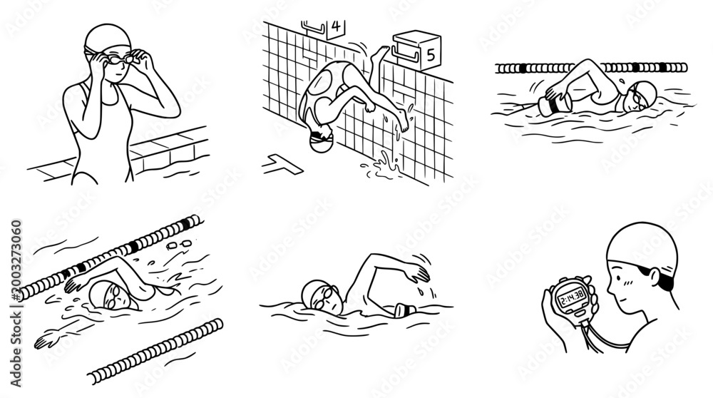 Fototapeta premium Charming swimming line art depicting various swimming styles.