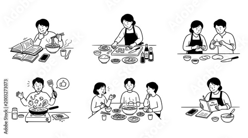 Kawaii line art of cooking and food preparation activities