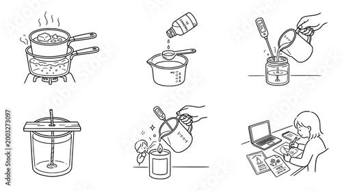 Kawaii line art of cooking techniques and recipe preparation