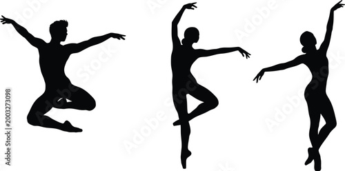 Graceful professional ballet and contemporary dancer silhouettes performing artistic athletic poses