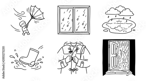 Charming line art showing a child enjoying playful rainy day adventures