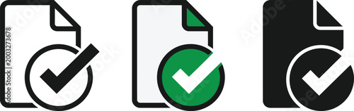 Document Checkmark File Icon Set in Black and Green Isolated on White Background