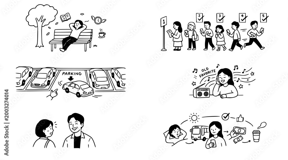 Fototapeta premium Charming Line Art Illustrations Capturing Everyday Relaxation Moments