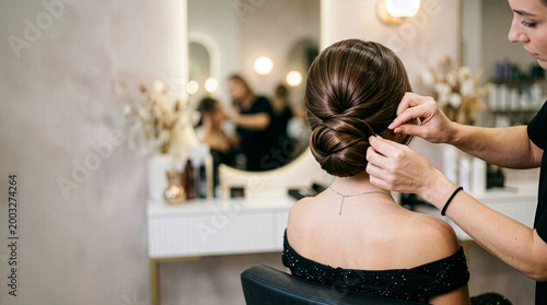 Professional hairdresser creating a sophisticated chignon hairstyle for a woman in a black dress, seen from behind in a stylish, well-lit hair salon environment