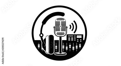 Black and white microphone with headphones.