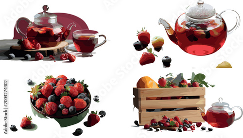 Red fruit tea and fresh berries collection featuring glass teapots with strawberries and blueberries in wooden crates and bowls for rustic cafe menus, herbal drink branding, and cozy kitchen decor.