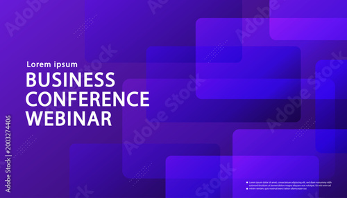 Business conference webinar banner template featuring modern abstract purple and blue geometric rounded square shapes background for marketing strategy corporate event online seminar presentation.