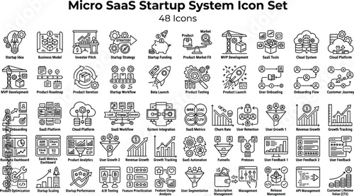 Micro SaaS Startup System Icon Set Featuring MVP Development, Growth Metrics, User Analytics, Revenue Models and Business Automation Concepts