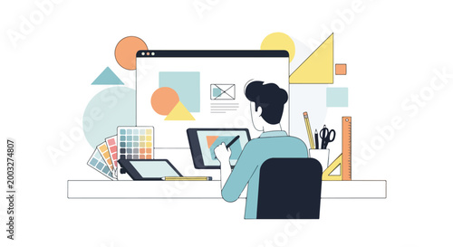 Flat vector of a graphic designer using a tablet or computer, simple shapes, white background.