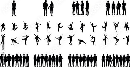 Large collection of people silhouettes featuring active jumping dancers business professionals in suits and casual groups for lifestyle conceptsLarge collection of people silhouettes featuring active