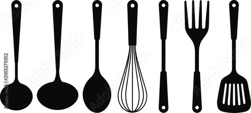 Collection of black kitchen utensil silhouettes including ladle spoon whisk fork and spatula isolated on white background for culinary design.
