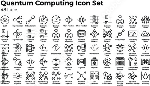 Quantum Computing Icon Set Featuring Qubits, Entanglement, Superposition, Quantum Circuits, Algorithms and Advanced Physics Technology Concepts