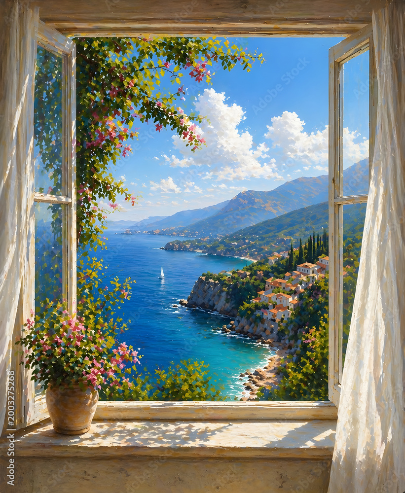 Fototapeta premium Open Window with Breathtaking Summer Coastal View, Sunlight Sea Landscape, Oil Painting Style