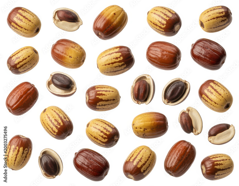 Obraz premium Collection of fresh jujube fruits and sliced halves showing seeds isolated on white background