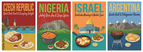 Vintage food travel poster set. Including czech roast pork, nigeria jollof rice, israel shakshuka, and argentina asado. Retro vector illustration.