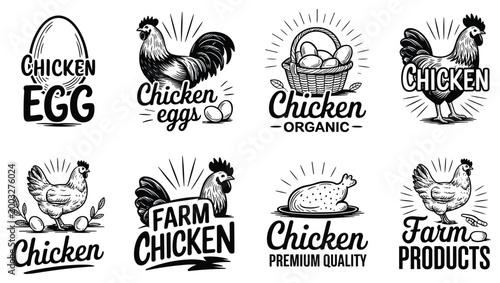 Chicken Farm Product: A series of retro illustrations of farm-fresh food products. Chicken eggs illustration, vintage logo designs, product logo, hand drawn illustrations, organic food label.