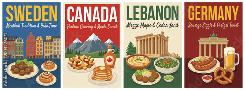 Vintage food travel poster set. Including sweden meatballs, canada poutine, lebanon falafel, and germany sausage. Retro vector illustration.
