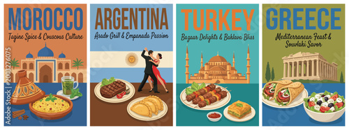 Vintage food travel poster set. Including morocco tagine, argentina asado, turkey kebab, and greece souvlaki. Retro vector illustration.