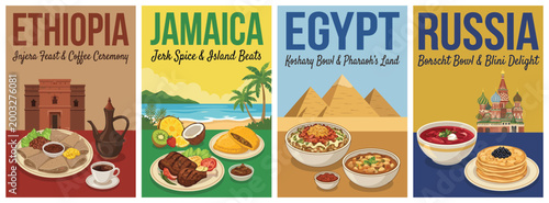 Vintage food travel poster set. Including ethiopia injera, jamaica jerk chicken, egypt koshary, and russia borscht. Retro vector illustration.
