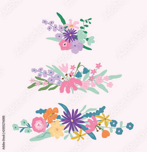 Set of three flat floral bouquets with purple daisy, lily, bluebell, tulip, peony, orange poppy and yellow flowers. Pastel and vivid wildflower vector arrangements for spring summer design