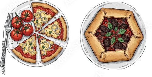 Pizza and Savory Galette Dish Set with Fresh Tomato Toppings and Rustic Crust for Food Illustration and Culinary Art