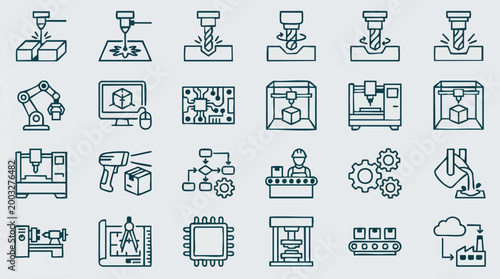 Modern Manufacturing and Industry 4.0 Technology Line Icons Set