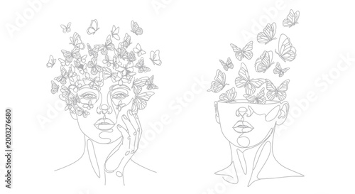 Line art woman face with butterflies flying around, symbolizing transformation