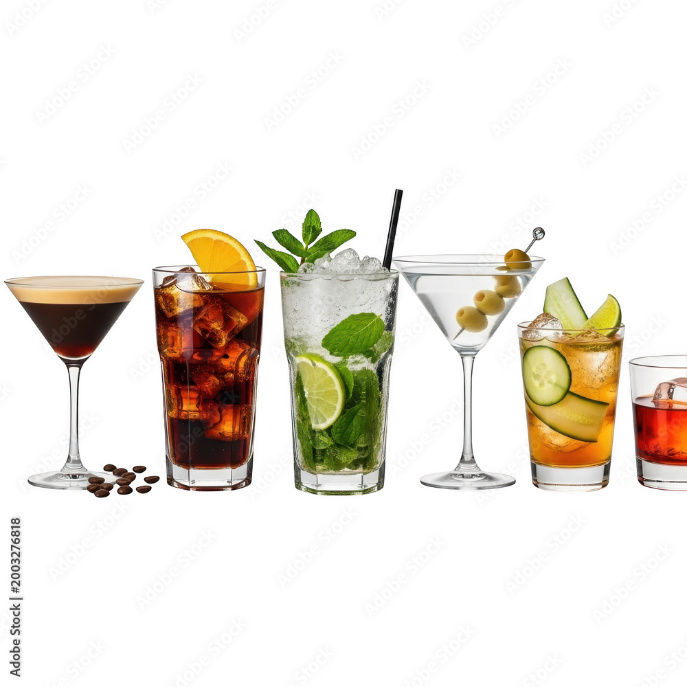 Fototapeta premium Assortment of colorful cocktails and drinks on transparent background