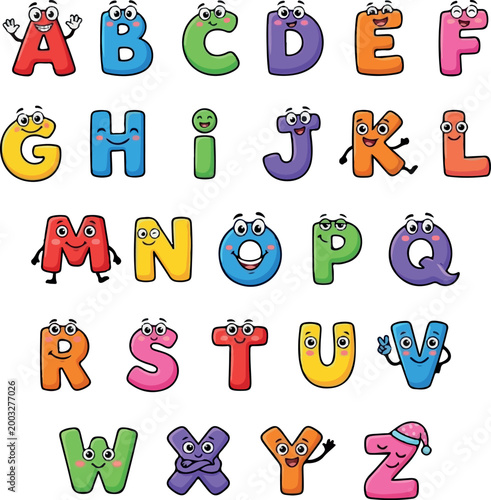Colorful Cartoon Alphabet Characters Set A to Z Fun Kids Letters Vector Collection complete set of colorful cartoon alphabet characters from A to Z
