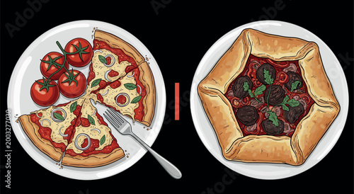 Pizza and Savory Galette Dish Set with Tomato Toppings and Rustic Crust for Food Illustration Designs