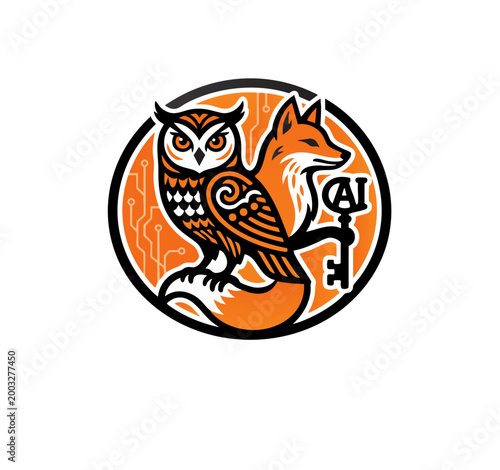 Modern vector emblem featuring a stylized owl, fox and key with AI lettering, designed for artificial intelligence education, smart learning, digital academy, technology training and online course con